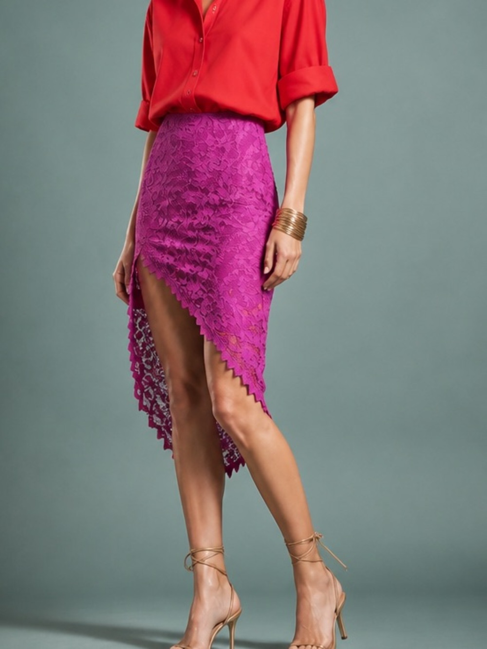 For Love & Lemons Vibrant Orchid Lace Asymmetrical Lace Skirt